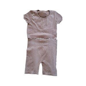 Womens Ribbed Loungewear Set Cropped Top & Biker Shorts Light Pink Nude